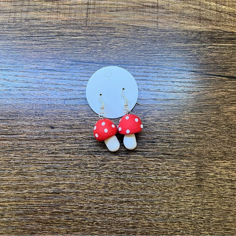Handmade Red Cap Mushroom Earrings - Picture 3 of 7